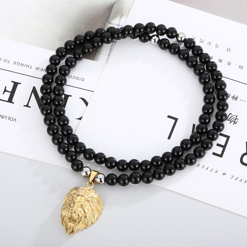 Retro Stainless Steel Men's Necklace with Black Agate Buddha Bead and Vacuum Electroplated Lion Head Pendant