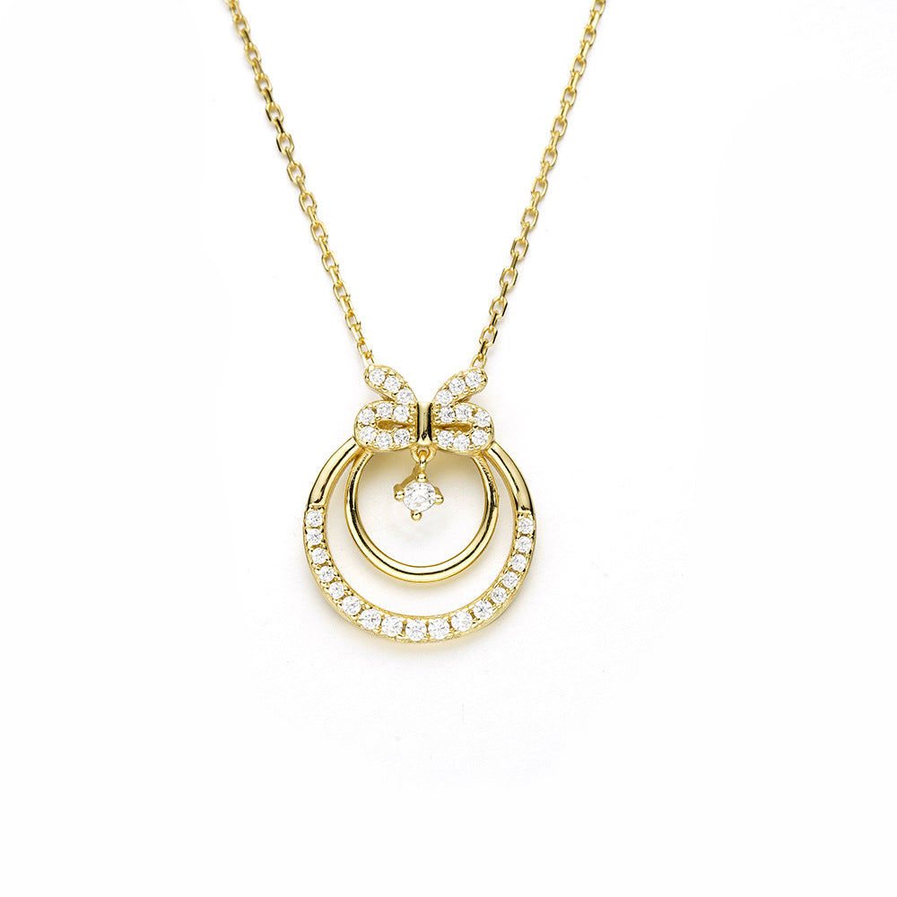 Korean Girly S925 Sterling Silver Geometric Bow Pendant Necklace