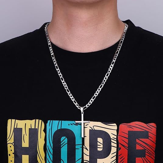 Planderful Bold Mens Cross Pendant Necklace Titanium Steel With Cuban Chain Urban Hip Hop Gift