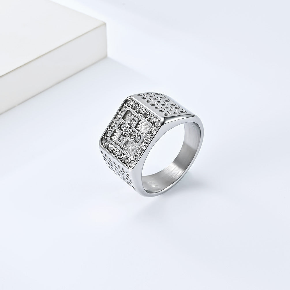 Planderful Hip Hop Mens Cross Ring Titanium Steel Plated 18K Gold Zircon Premium Light Luxury Jewelry
