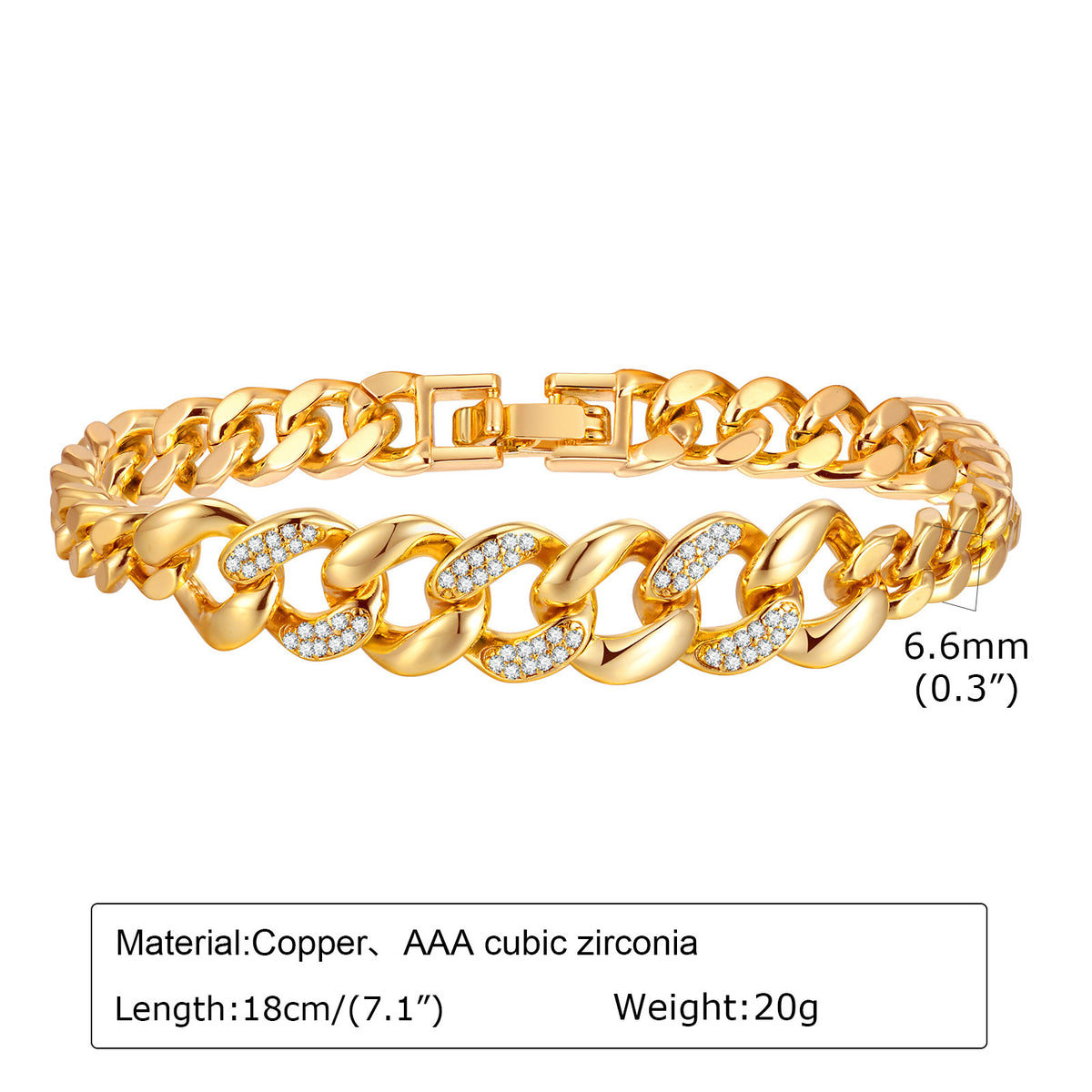 Heart Zircon Cuban Chain Copper Bracelet