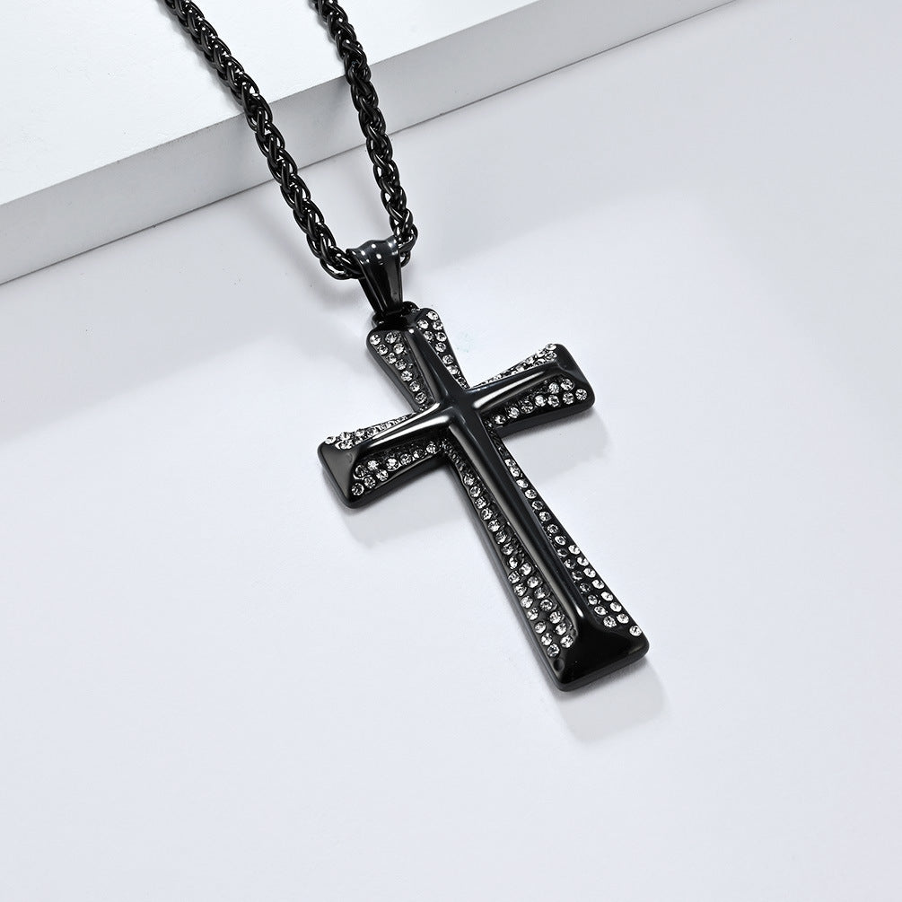 Planderful Premium Gold Plated Zircon Cross Necklace Titanium Steel Unisex Hip Hop Jewelry