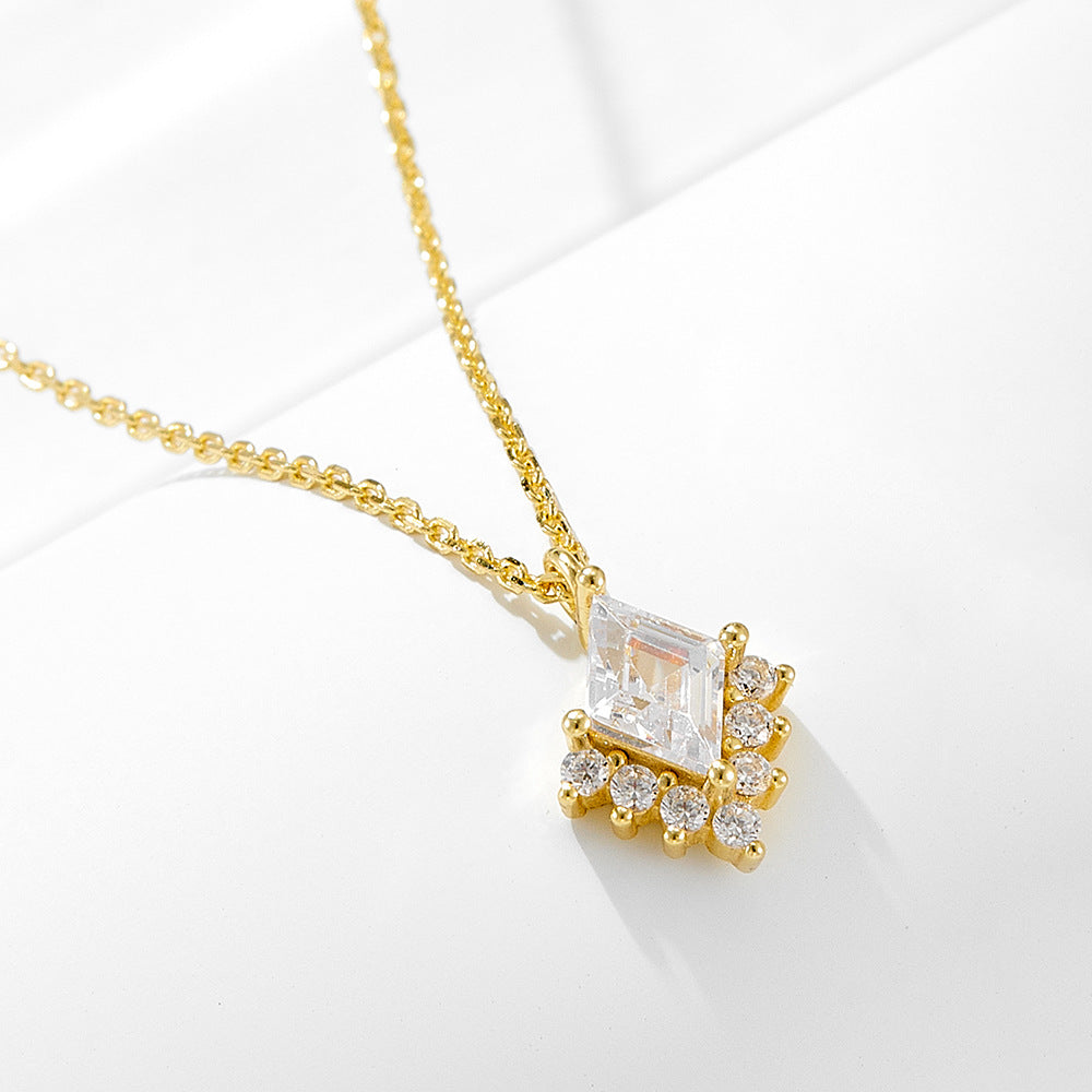 925 Sterling Silver Geometric Rhombus Zircon Pendant Necklace Style Versatile Necklace