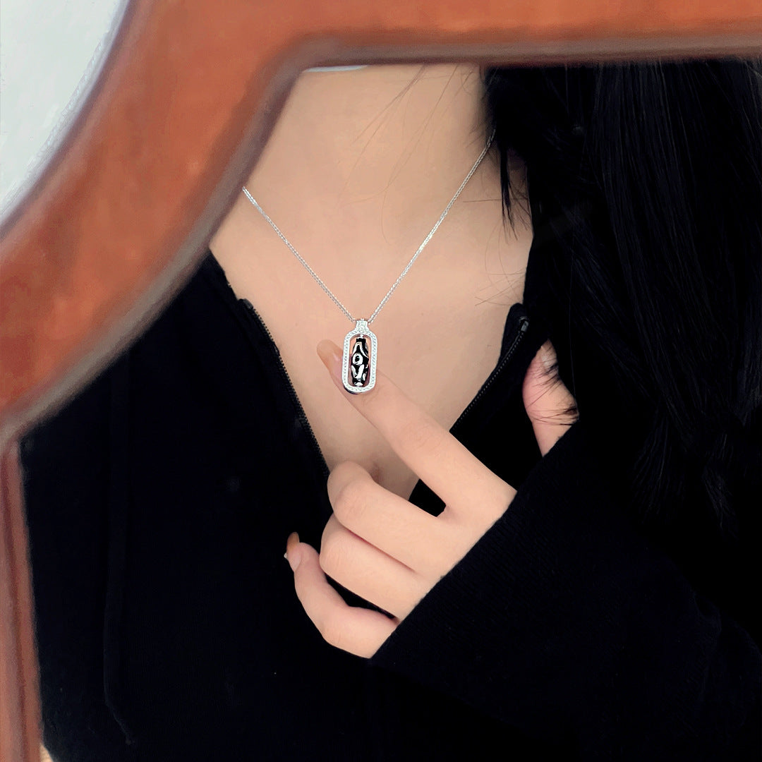 National Style Ancient Dzi Bead Necklace Women's S925 Sterling Silver Clavicle Chain