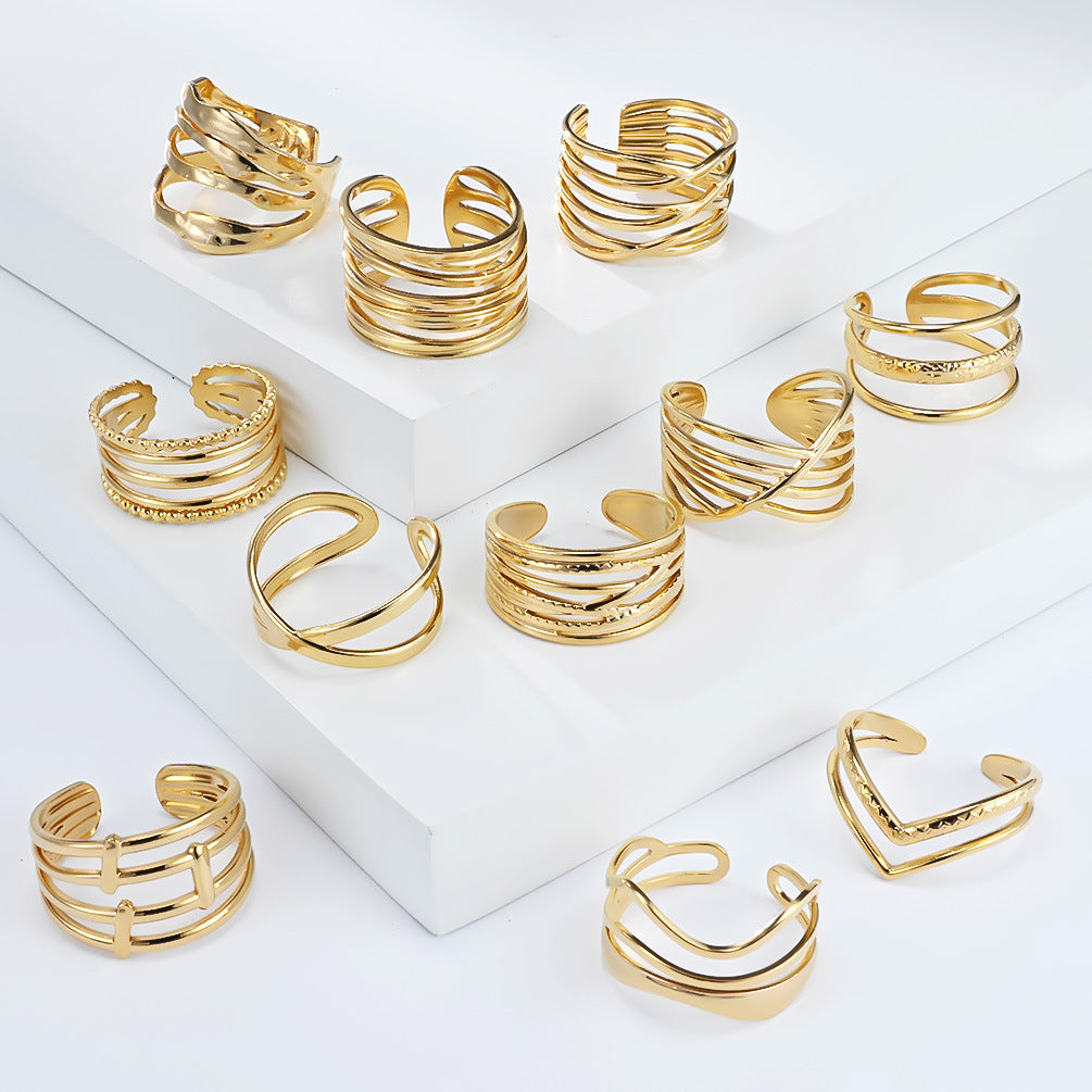 Planderful Geometric Stainless Steel Open Ring For Women Gold Plated Adjustable Fashion Jewelry