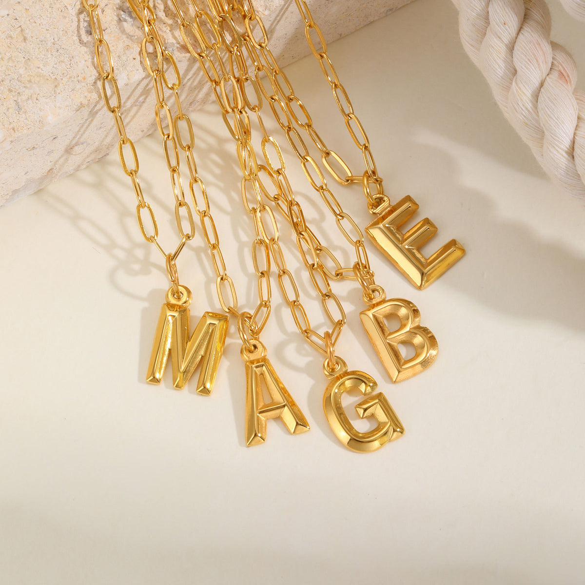 Stainless Steel Small Square Chain – Three-Dimensional Letter Necklace – Gold