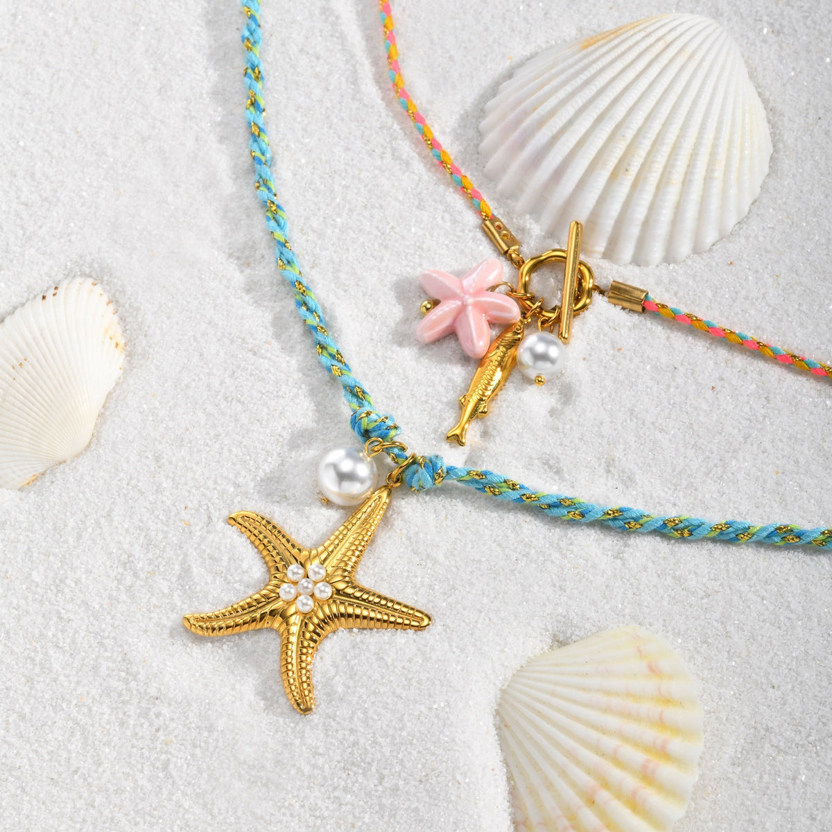 Hot-Selling Temu Ocean Wind Stainless Steel Sea Star Imitation Pearl Blue Braided Rope Necklace
