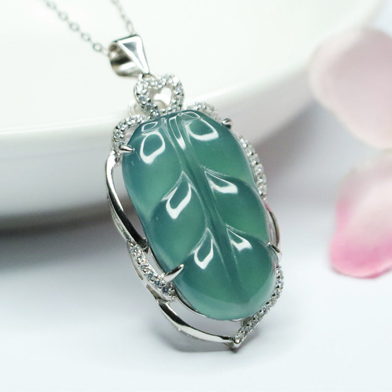 Icy Blue Jadeite Leaf Silver Pendant — No Chain