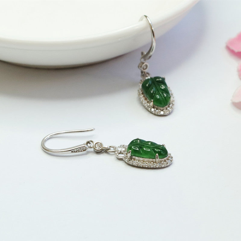Icy Green Jadeite Leaf Halo 925 Silver Hook Earrings