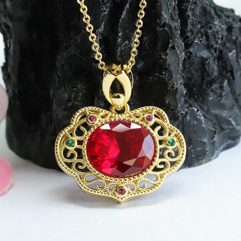 Lab-Grown Ruby Faceted Ruyi Pendant — No Chain