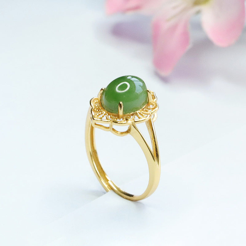 925 Sterling Silver Hetian Jasper Openwork Ring