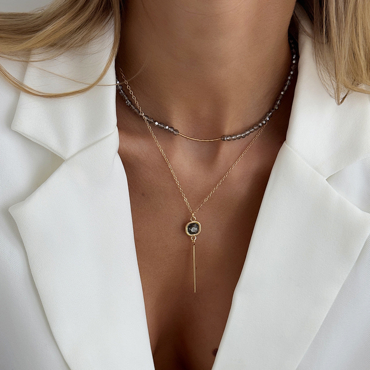 Crystal Beaded Multi-Layer Collarbone Necklace Wild Square Zircon Fringed Necklace