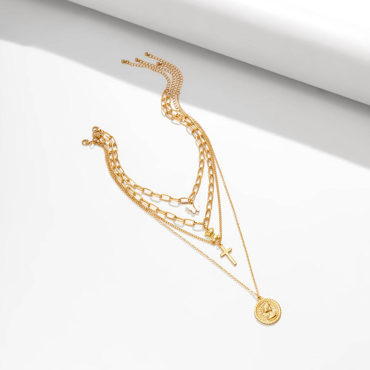 Vintage Butterfly Collage Multistrand Necklace with a Delicate Cross