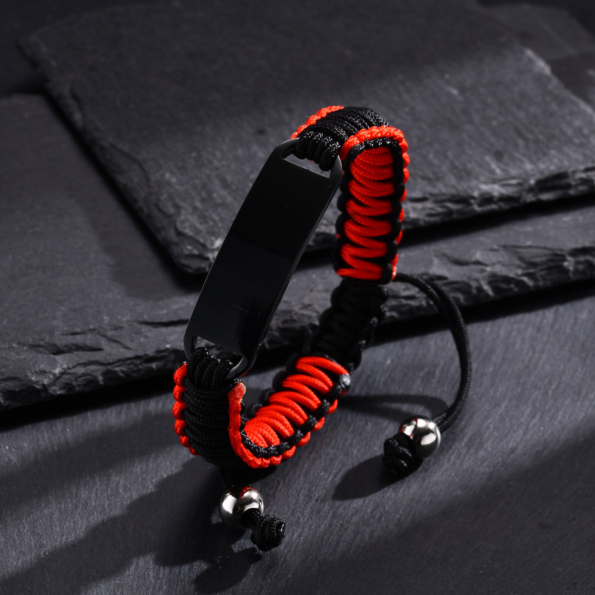 Men's Stainless Steel Curved Red & Black Nylon Rope Woven Adjustable Hand Rope Bracelet