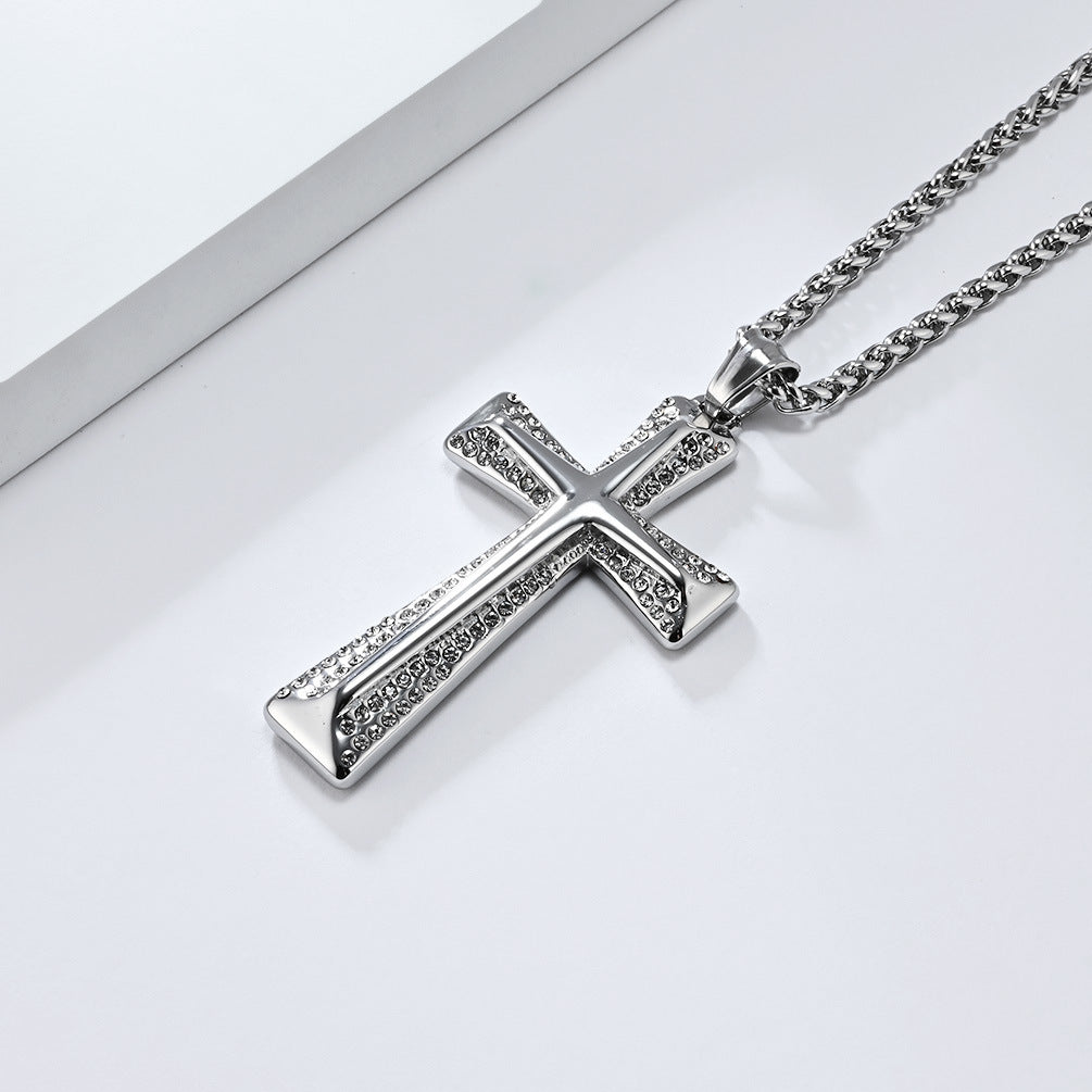 Planderful Premium Gold Plated Zircon Cross Necklace Titanium Steel Unisex Hip Hop Jewelry