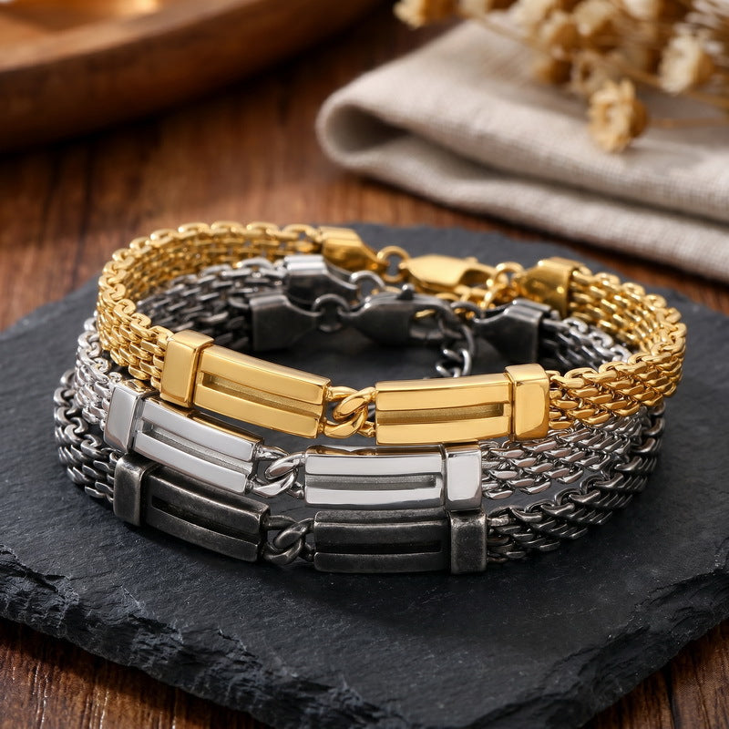 Including Extension Chain – Layered Hollow Curved Bar Mesh Chain Stainless Steel Bracelet
