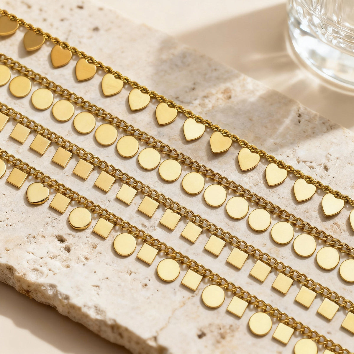 Stainless Steel Collarbone Chain – Gold Heart-Shaped Disc Button Chain – Twist Square Necklace
