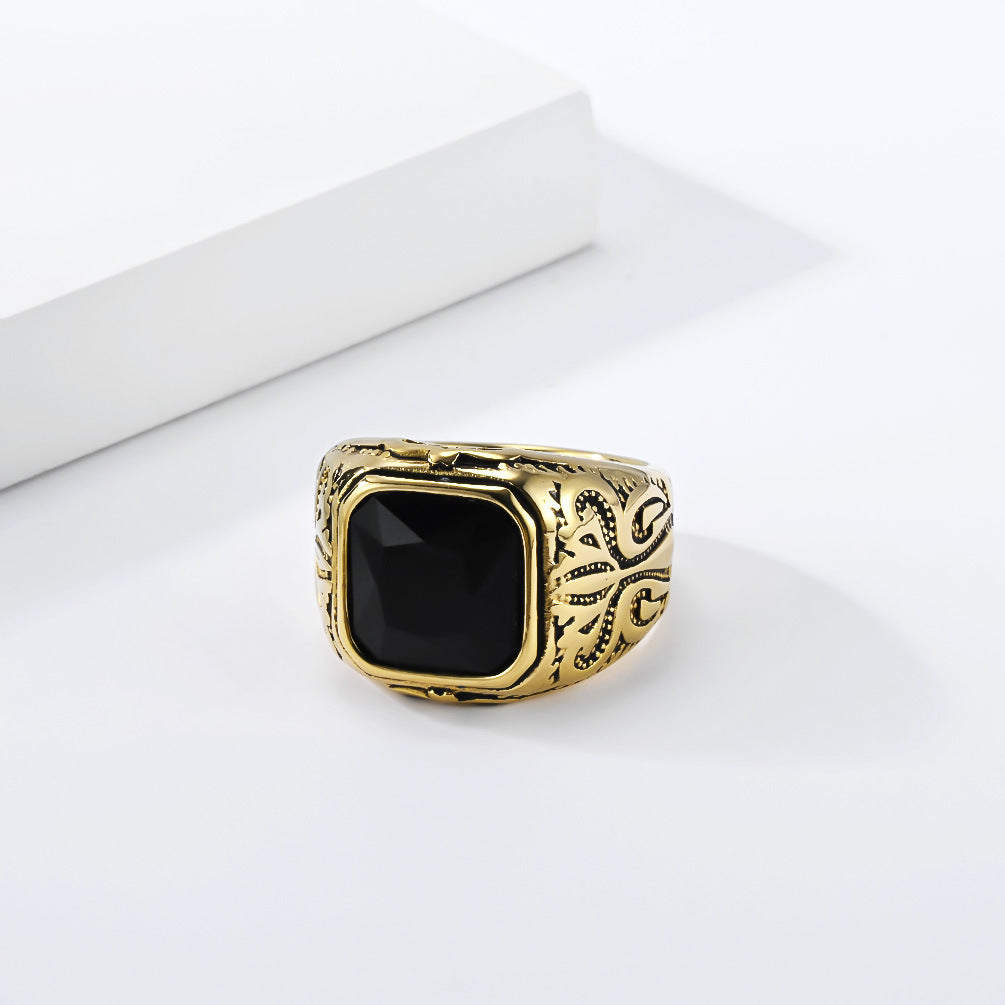 Stainless Steel Gemstone Vintage Gold-Plated Ring