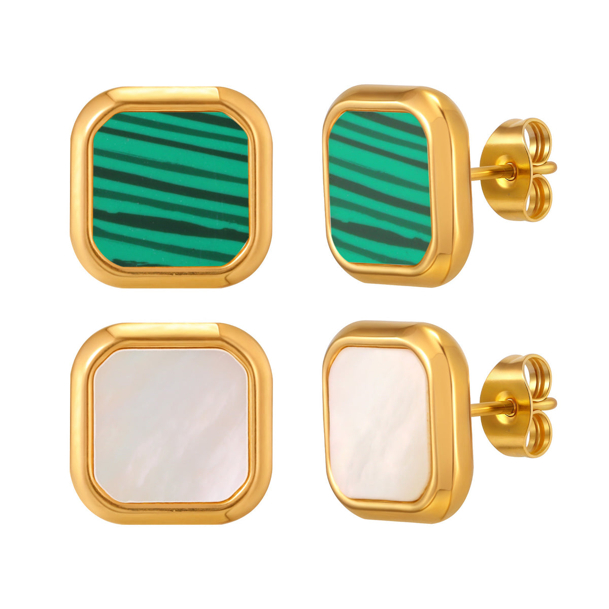 Gold-Tone Inlay Earrings — Shell or Malachite