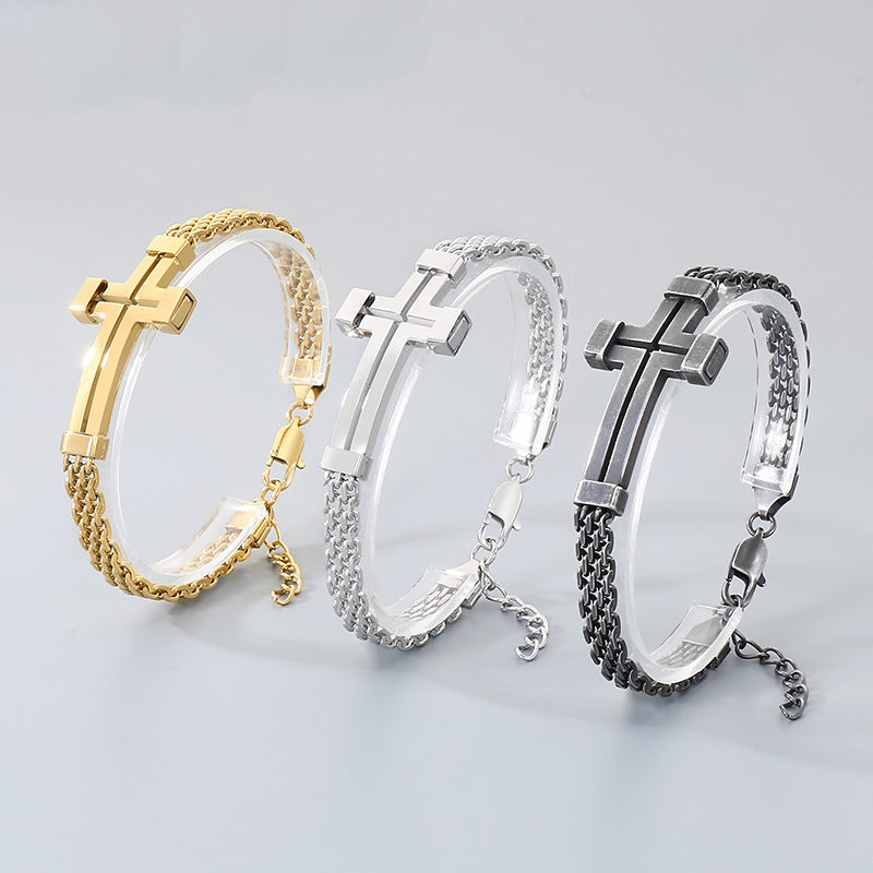Men Wear – Stainless Steel Curved Bar Hollow Cross Men's Bracelet Can Be Adjusted