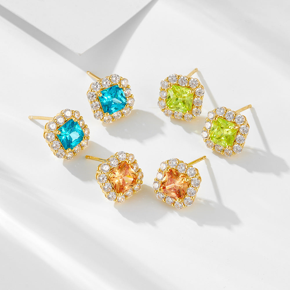 Color Gemstone Stud Earrings S925 Sterling Silver Earrings High-End Square Zircon Earrings Jewelry.