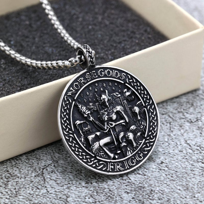 Planderful Shop Vintage Stainless Steel Viking Odin Rune Necklace Double Sided Pendant For Men And Women