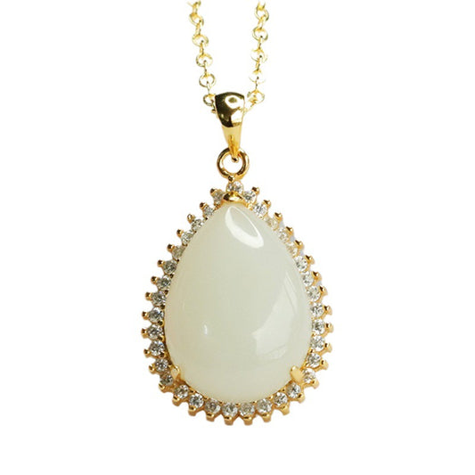 Sterling Silver Necklace with Natural Hotan Jade Water Drop Pendant