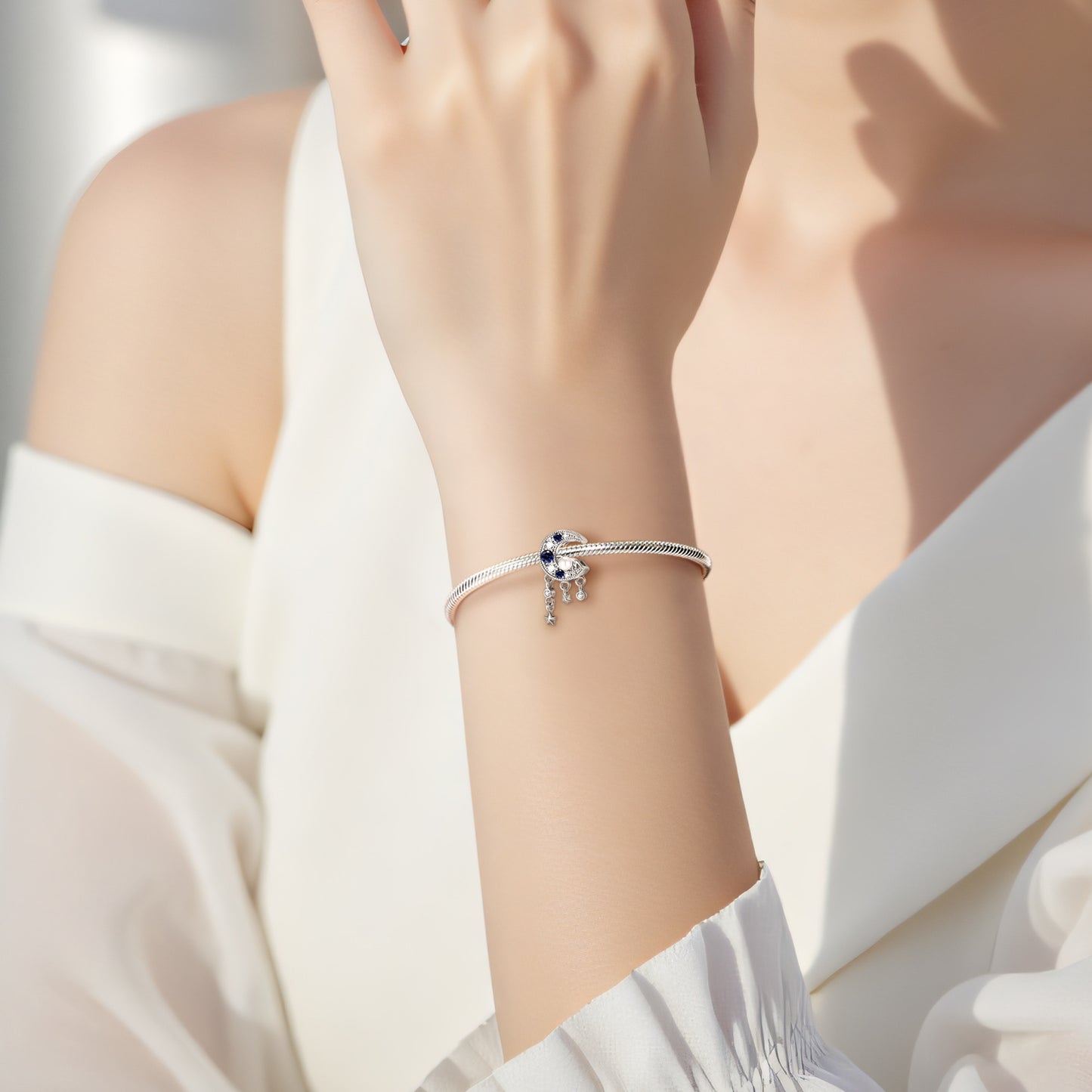 Planderful Jewelry Original Pearl Zircon Moon Beaded Sterling Silver Bracelet Pendant For Everyday Luxury