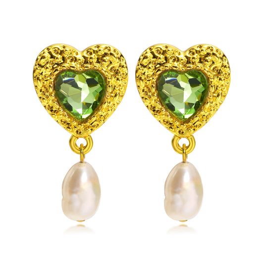 Earrings Heart-Shaped Green Zircon Love Purple Zircon Style