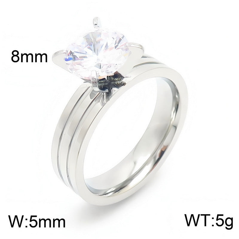 Four-Claw Zircon Double-Groove Ring, Fashionable Stainless Steel Couple Marriage Proposal, Women's