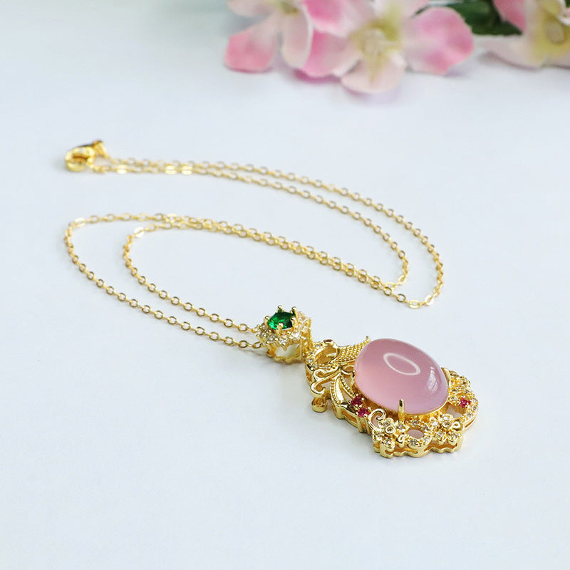 Phoenix Pendant Necklace with Pigeon Egg Pink Chalcedony and Zircon