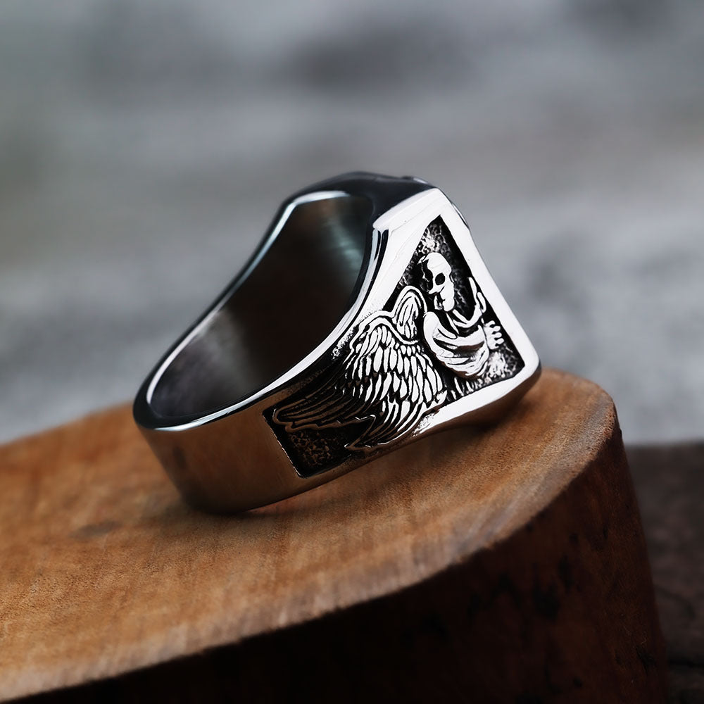 Planderful Grim Reaper Ring for Men in Retro Stainless Steel Punk Skull Wing Design