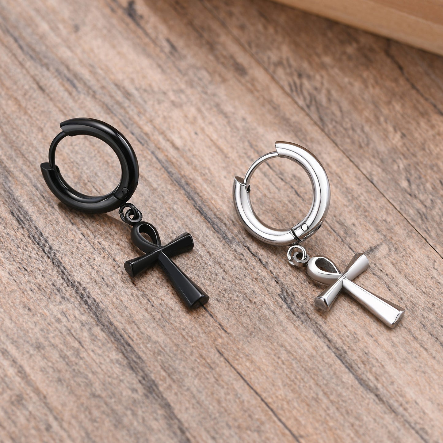 Stainless Steel Anka Cross Black Earrings Men's Fashion