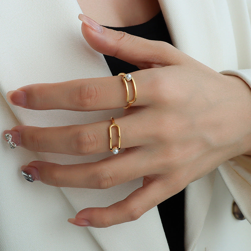 Personalized Geometric Gold-Plated Ring with Imitation Pearl