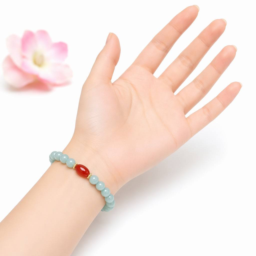 Blue Water Jadeite Pixiu & Barrel Bead Beaded Bracelet
