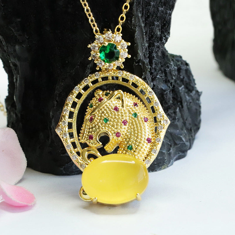 Yellow Amber Zircon Leopard Head Pendant Jewelry with Sterling Silver Honey Amber Gem