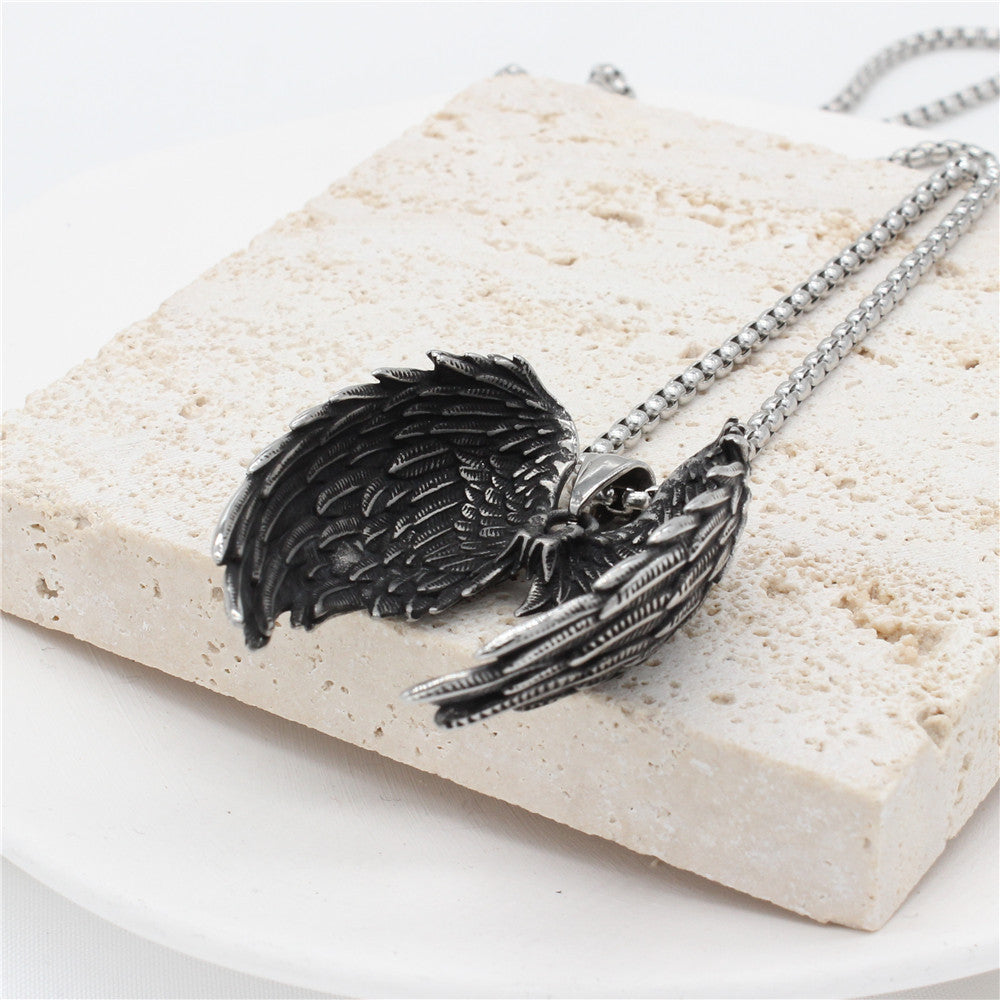 Planderful Personalized Retro Angel Wings Pendant Necklace Titanium Steel Men Unisex Protection Gift
