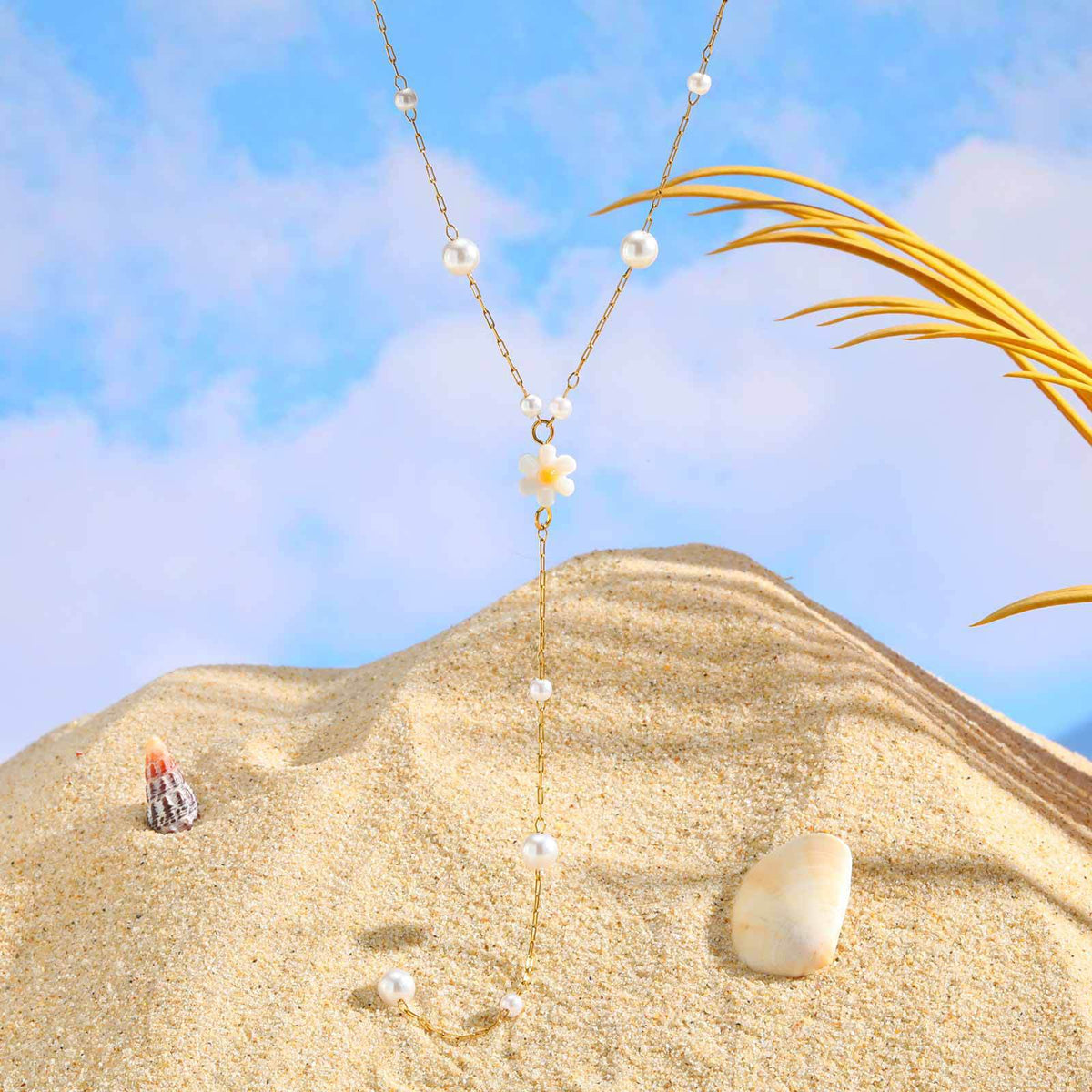 Girls Sweet Wind Stainless Steel Size Imitation Pearl Flower Y-Shaped Necklace – Wind