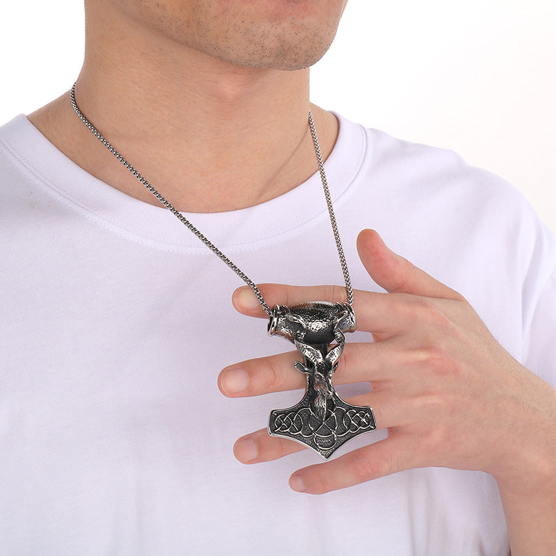 Retro Animal Pendant, Nordic Viking Wolf Head, Lion Head, Goat, Thor'S Hammer, Titanium Necklace