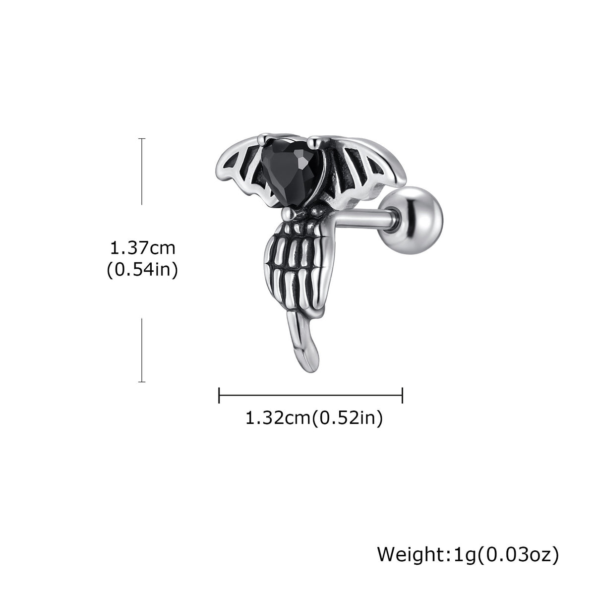 Silver-Tone Black Heart Bat Skeleton Earring — Single