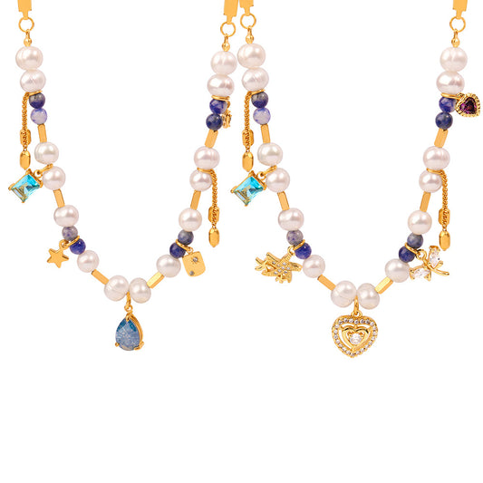 Regal Pearl and Gemstone Handmade Necklace in Palace Style Gold-Plated Titanium Steel