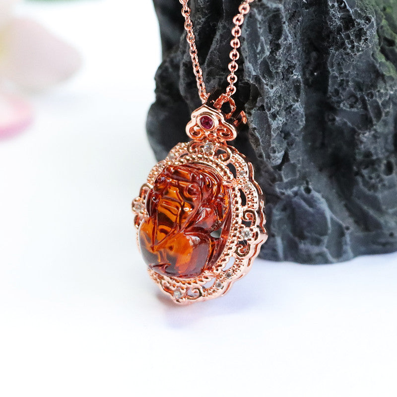 Blood Amber Pixiu Pendant Necklace Jewelry in Rose Gold