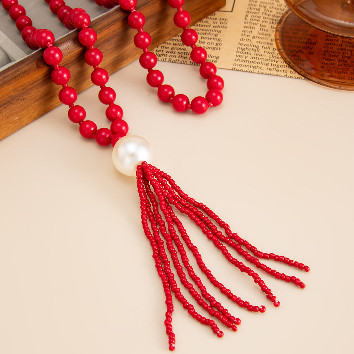 Acrylic Beaded Rice Bead Necklace Exaggerated Large Round Bead Y-Shaped Fringed