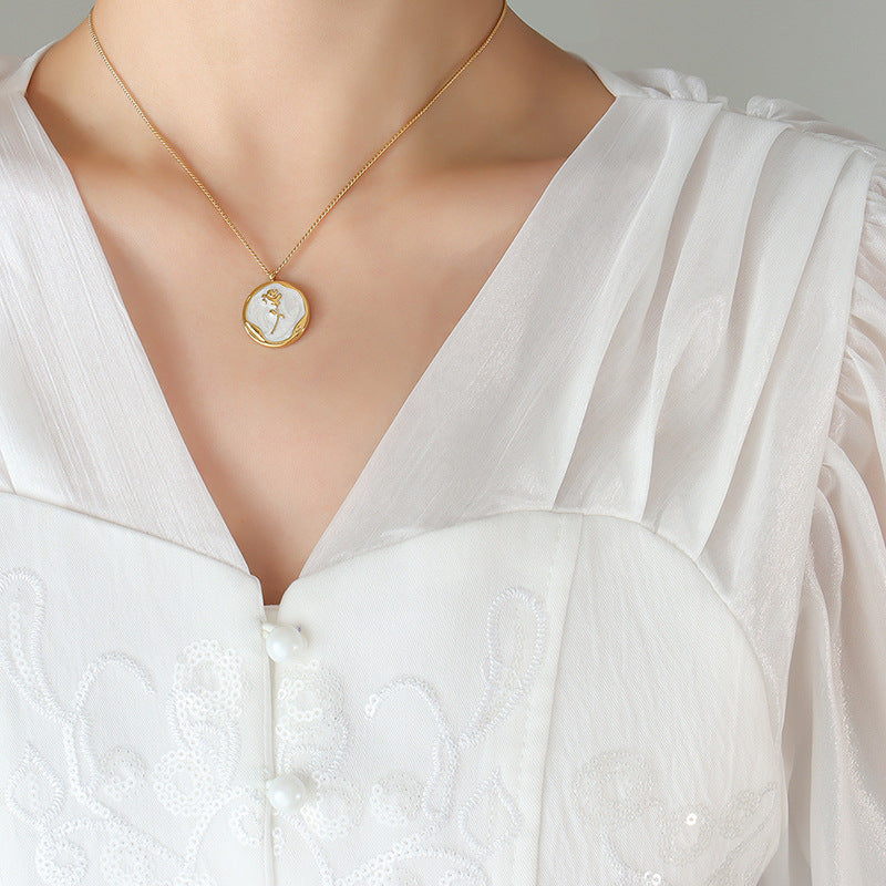 French Style Enamel Rose Pendant Necklace with Gold Plating