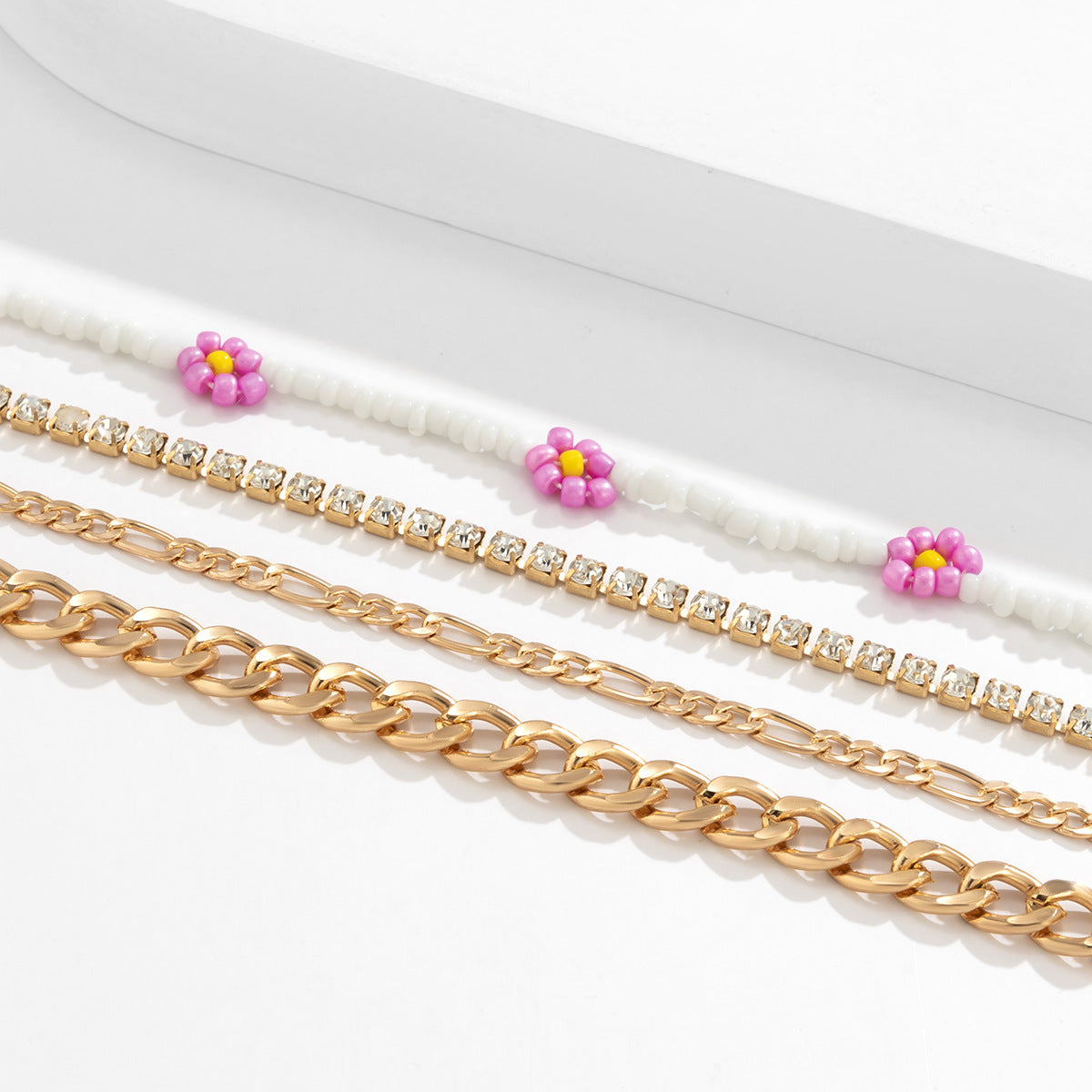 Planderful Vienna Verve Daisy Beaded Bracelet Set Stackable Hollow Chain Statement Jewelry For Women