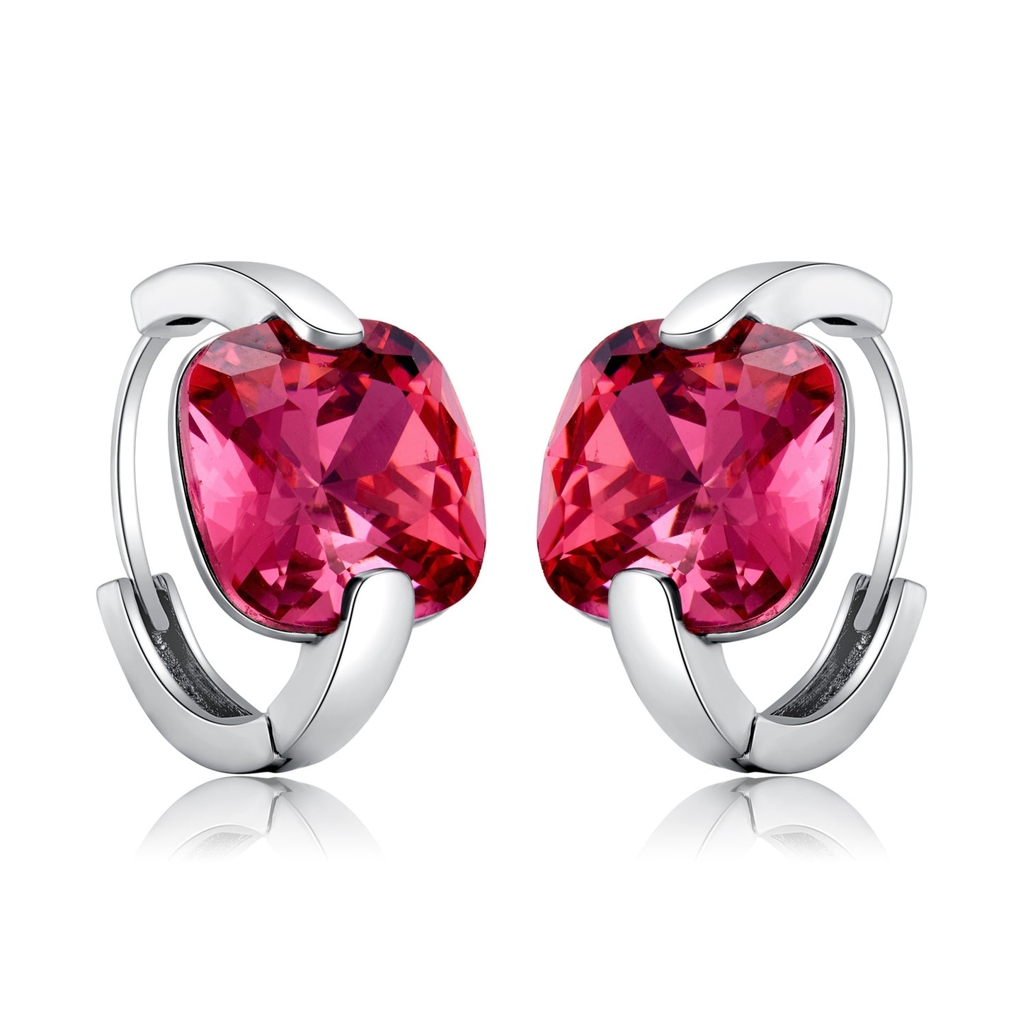Square Red Zircon Silver Hoop Earrings