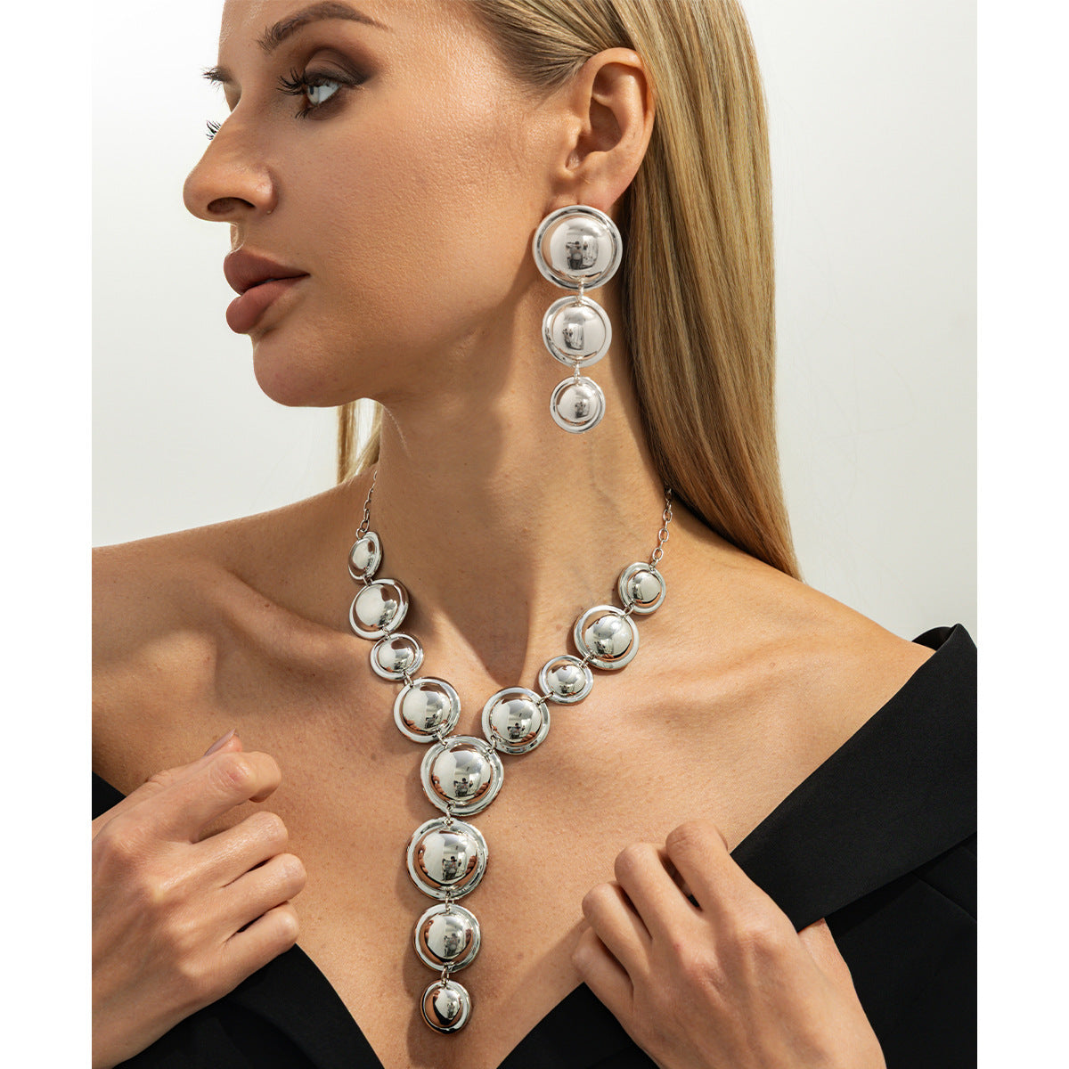 Bubble Metal Y-Necklace & Earrings Set