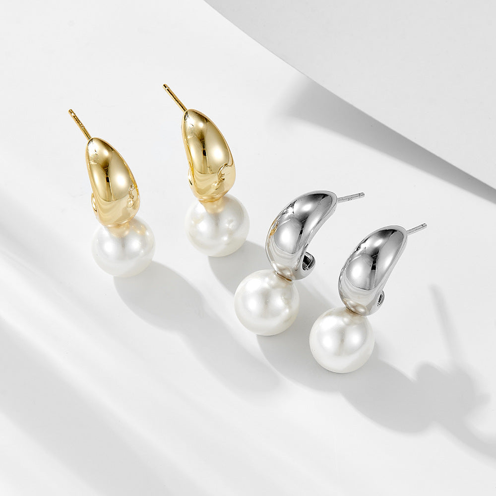 C Shaped Round Pearl Sterling Silver Drop Earrings