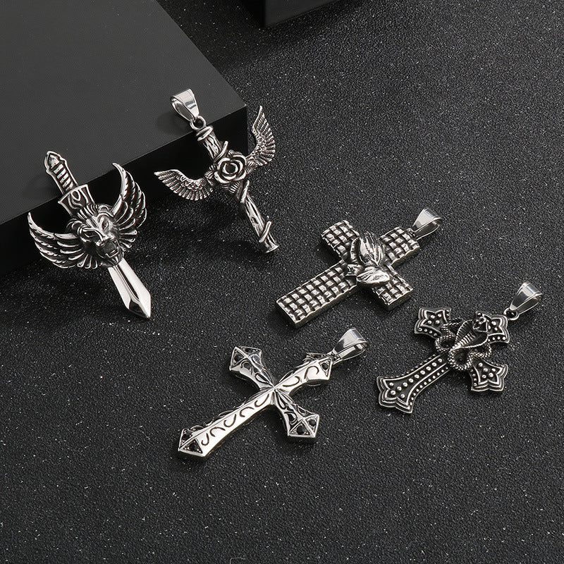 Flying Wings Pendant, Gothic Lion Head Rose Cross Wings Titanium Steel Men's Pendant Necklace