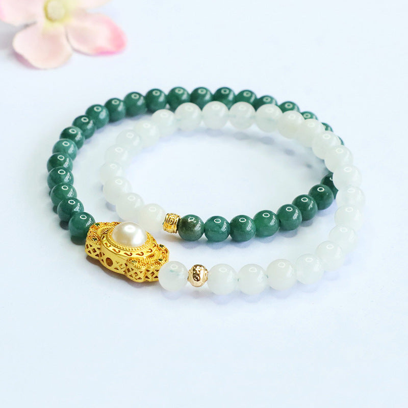 Blue Water Jadeite Golden Silk Jade & Double-Wrap Beaded Bracelet